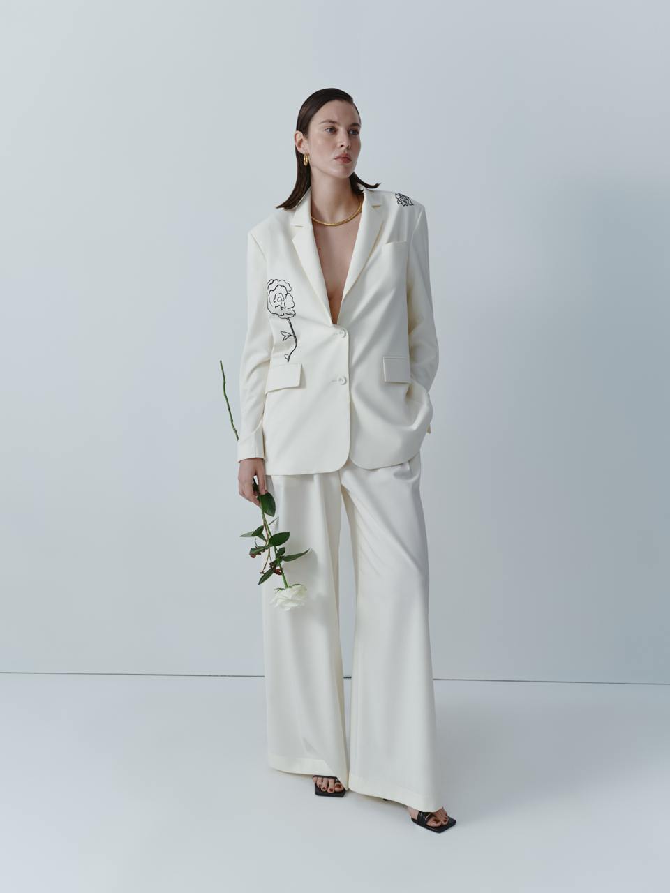 Ivory wool wide-leg trousers ELENA REVA