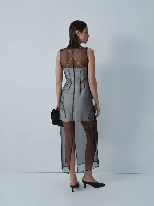 Black silk organza dress with embroidery ELENA REVA