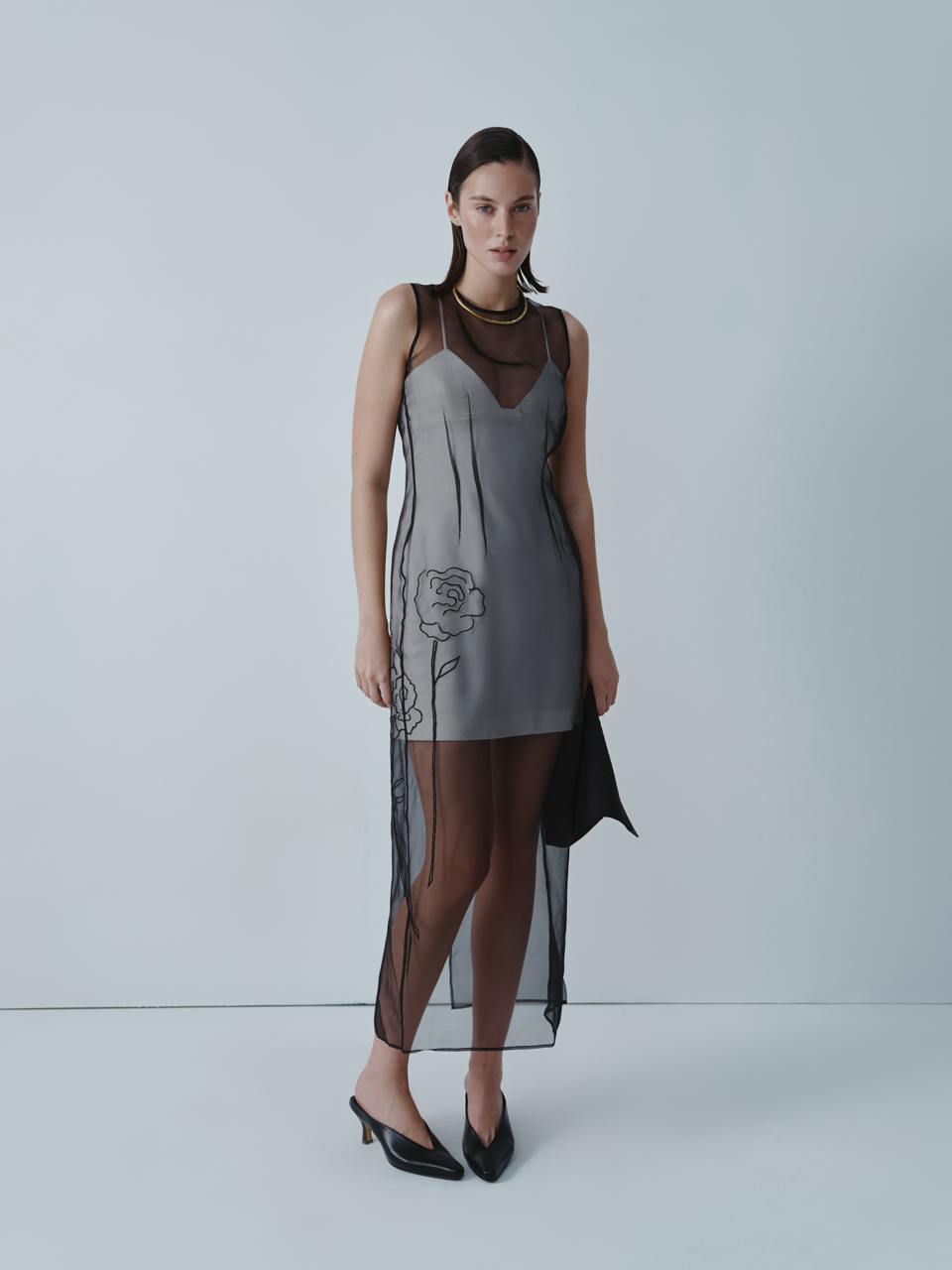 Black silk organza dress with embroidery ELENA REVA