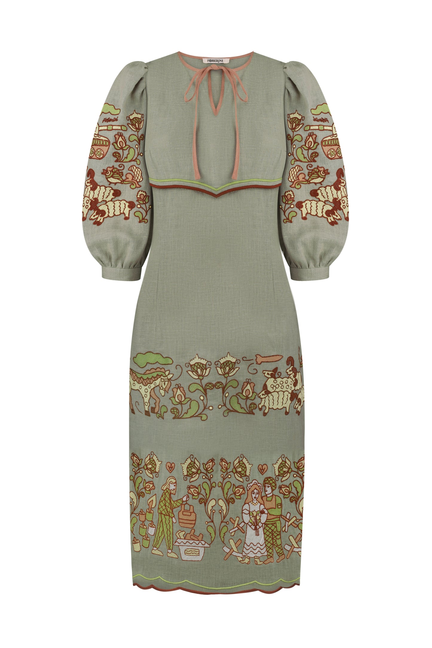 "Embroidery history" green midi dress FOBERINI