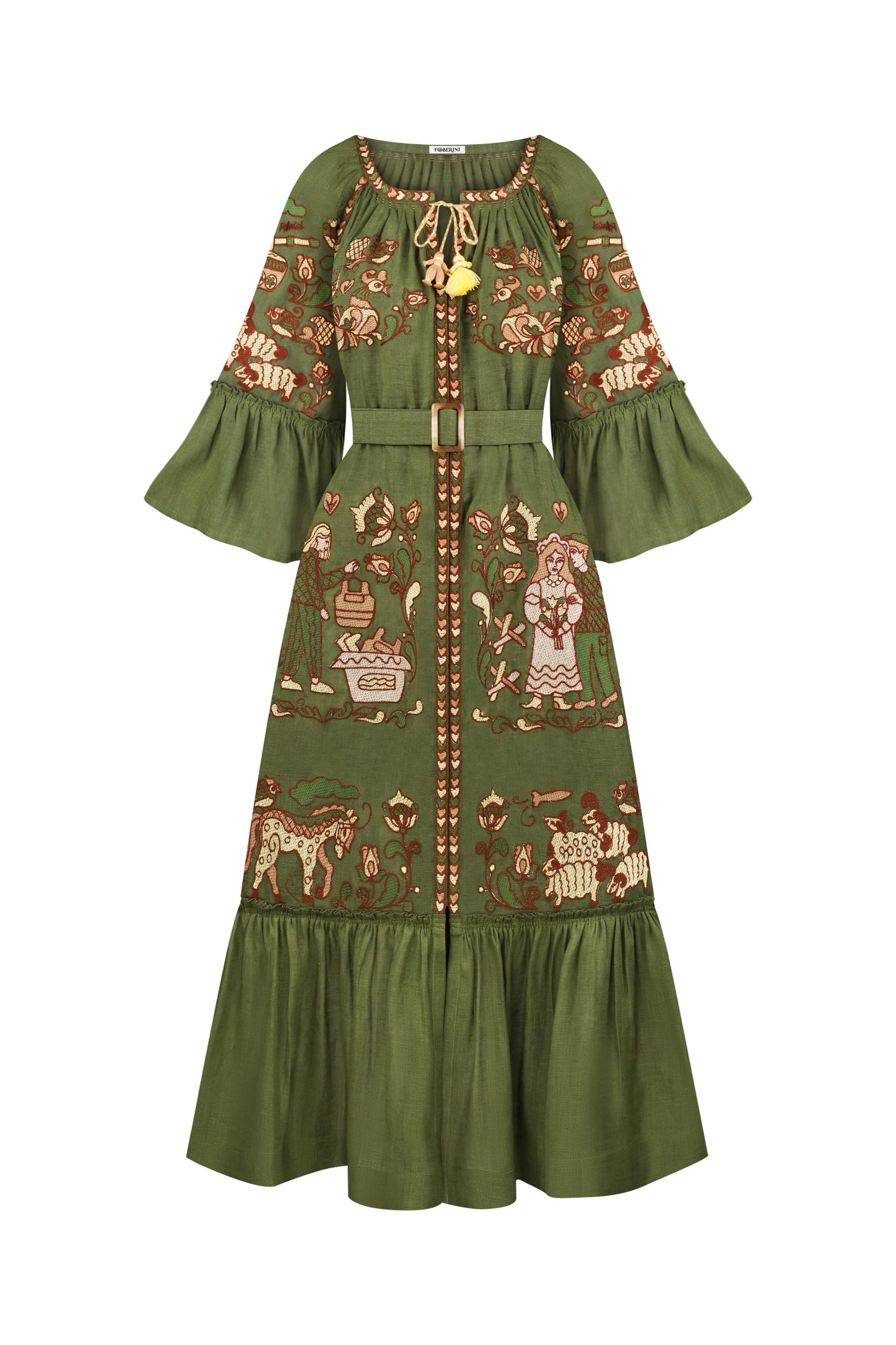 "Embroidery history" green maxi dress FOBERINI