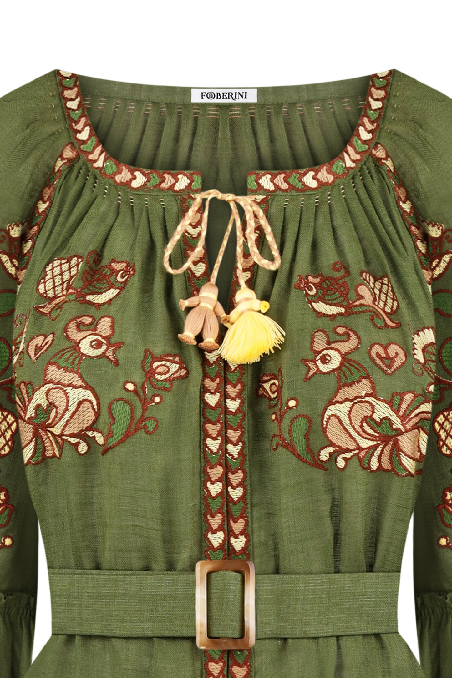 "Embroidery history" green maxi dress FOBERINI