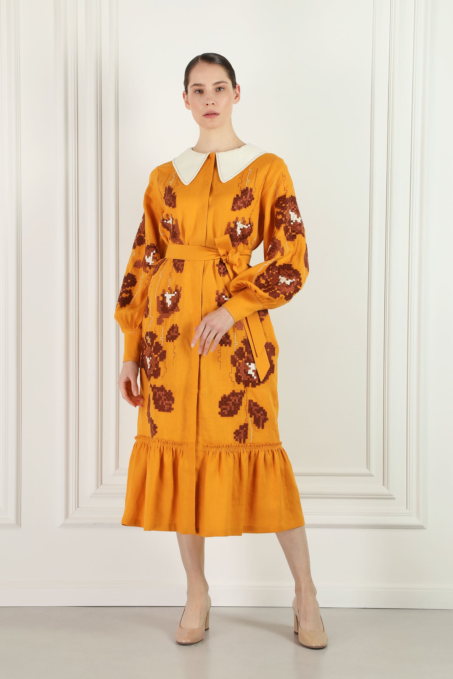 Adele Mustard Dress with a collar FOBERINI