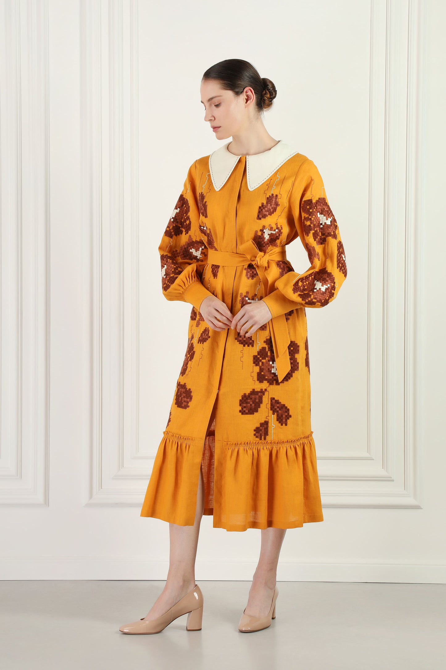 Adele Mustard Dress with a collar FOBERINI