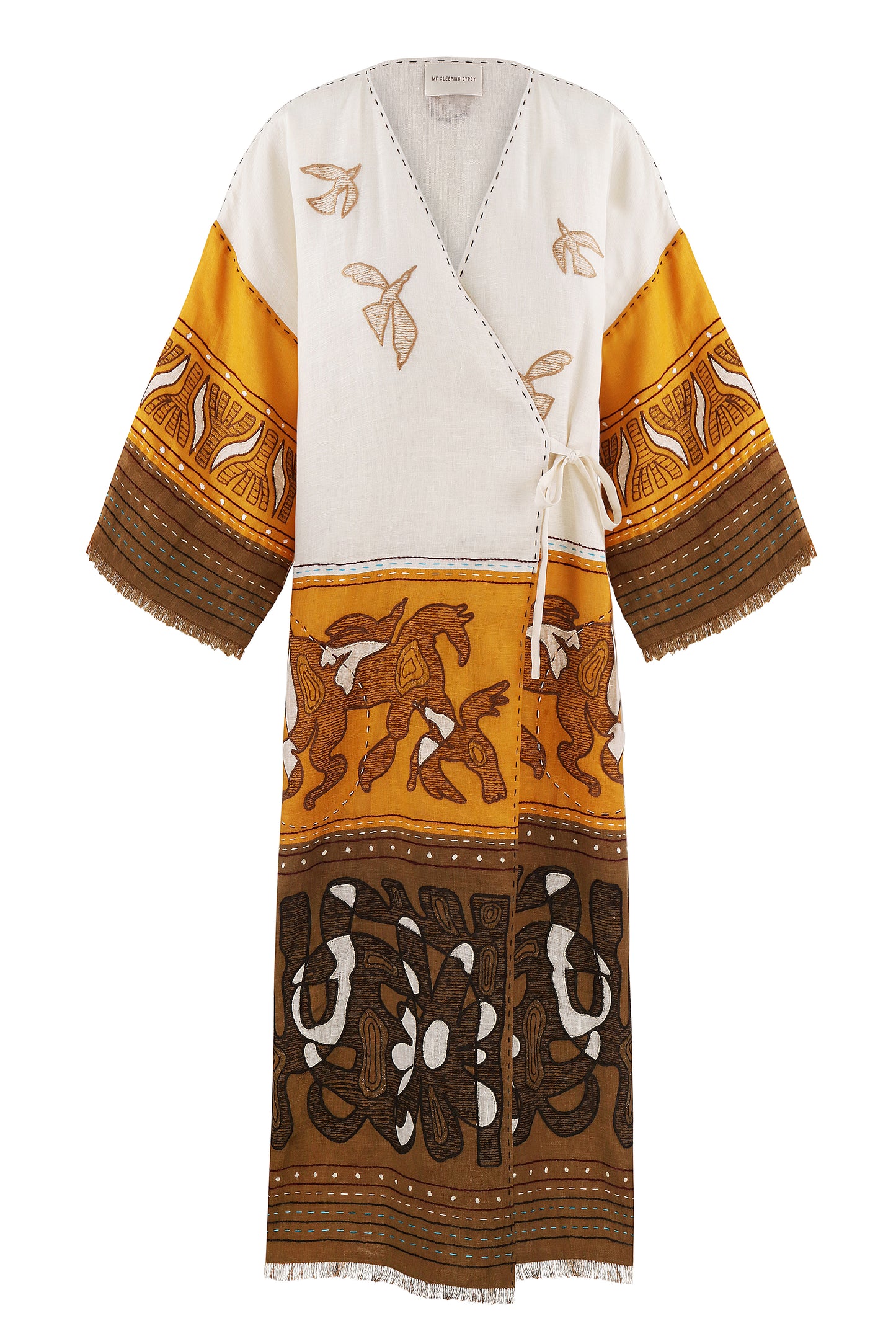 Animal Realm long Kimono in Ivory - Ochre - Golden Green My Sleeping Gypsy