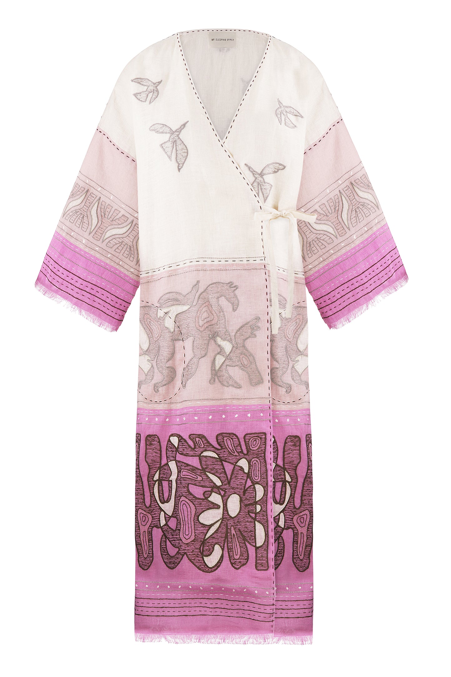 Animal Realm long Kimono in Ivory - Powder Pink - Lilac My Sleeping Gypsy
