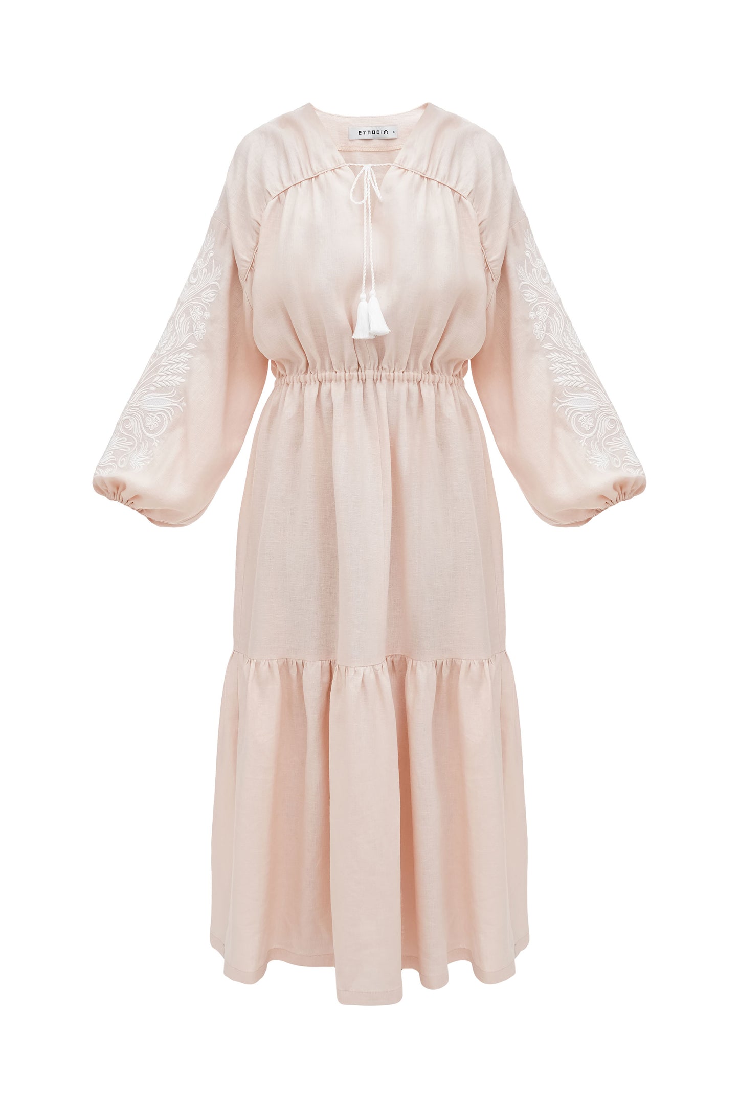 Peach embroidered midi dress with white embroidery Kamiana Vyshyvanka ETNODIM