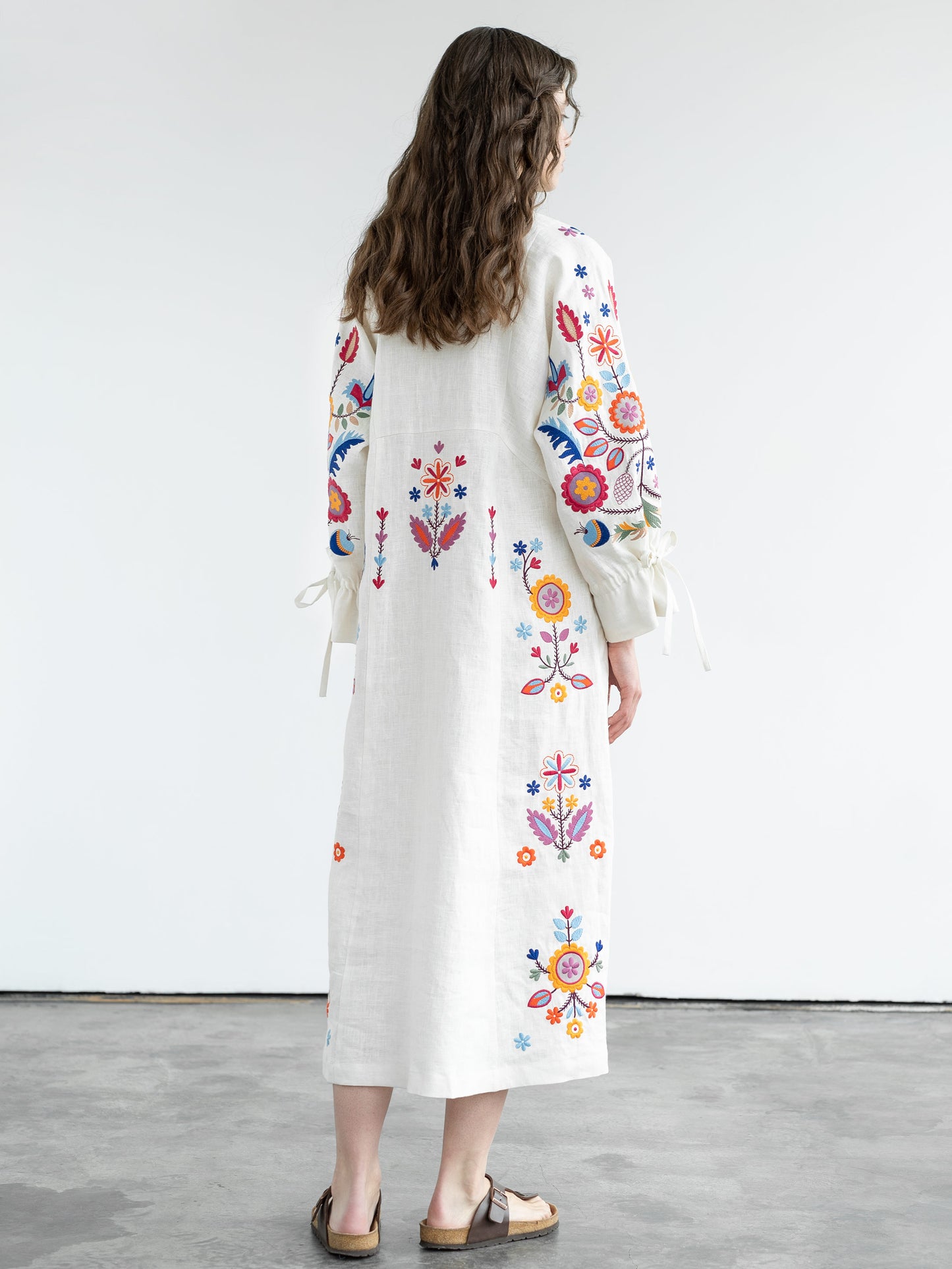 White linen dress with floral embroidery Sobachko ETNODIM