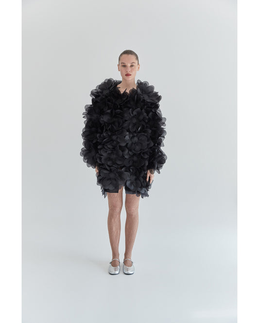 Peony Flower Fur Coat in charcoal black PASKAL
