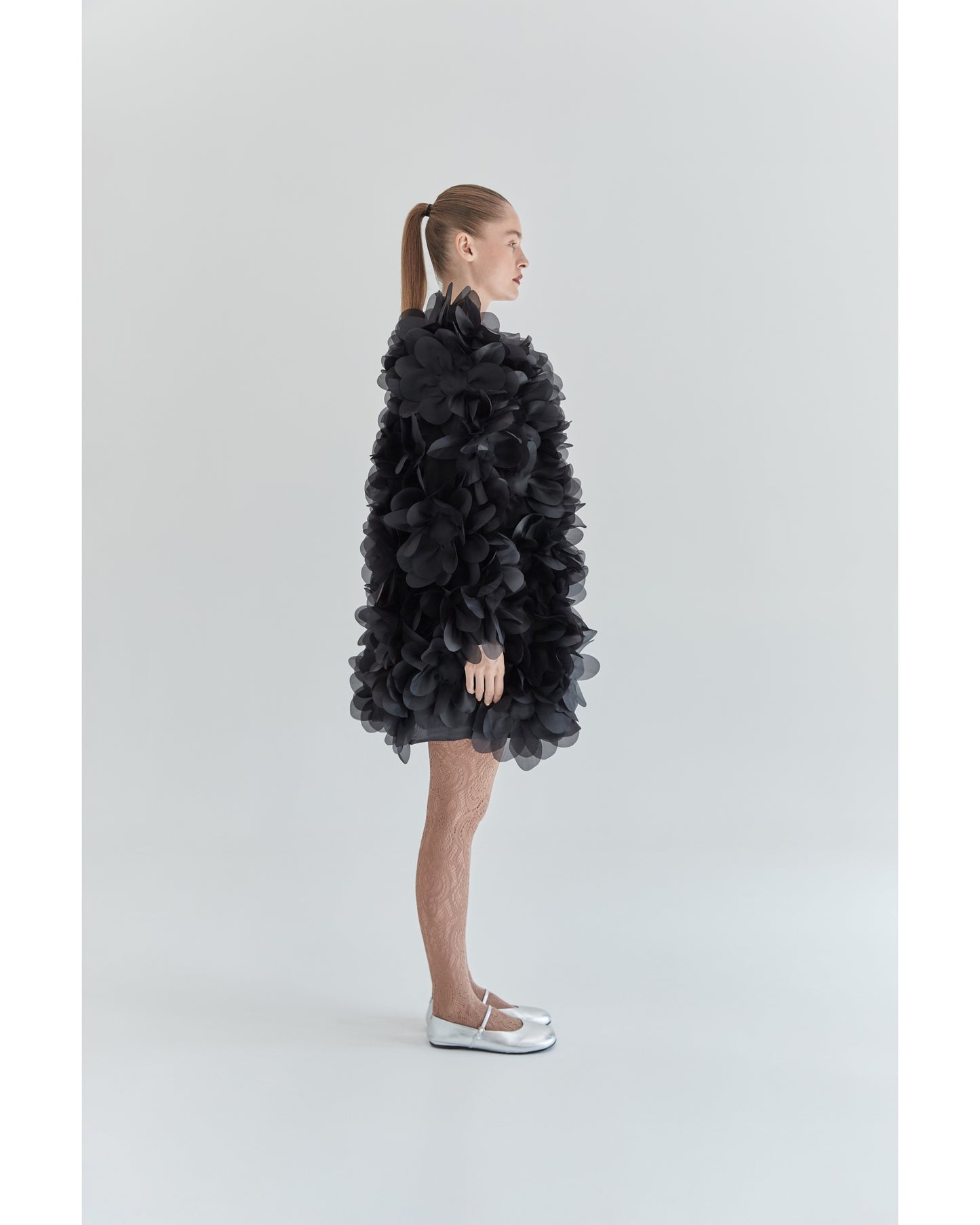 Peony Flower Fur Coat in charcoal black PASKAL