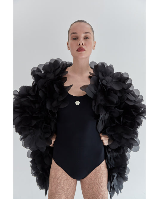 Peony Flower Fur Coat in charcoal black PASKAL