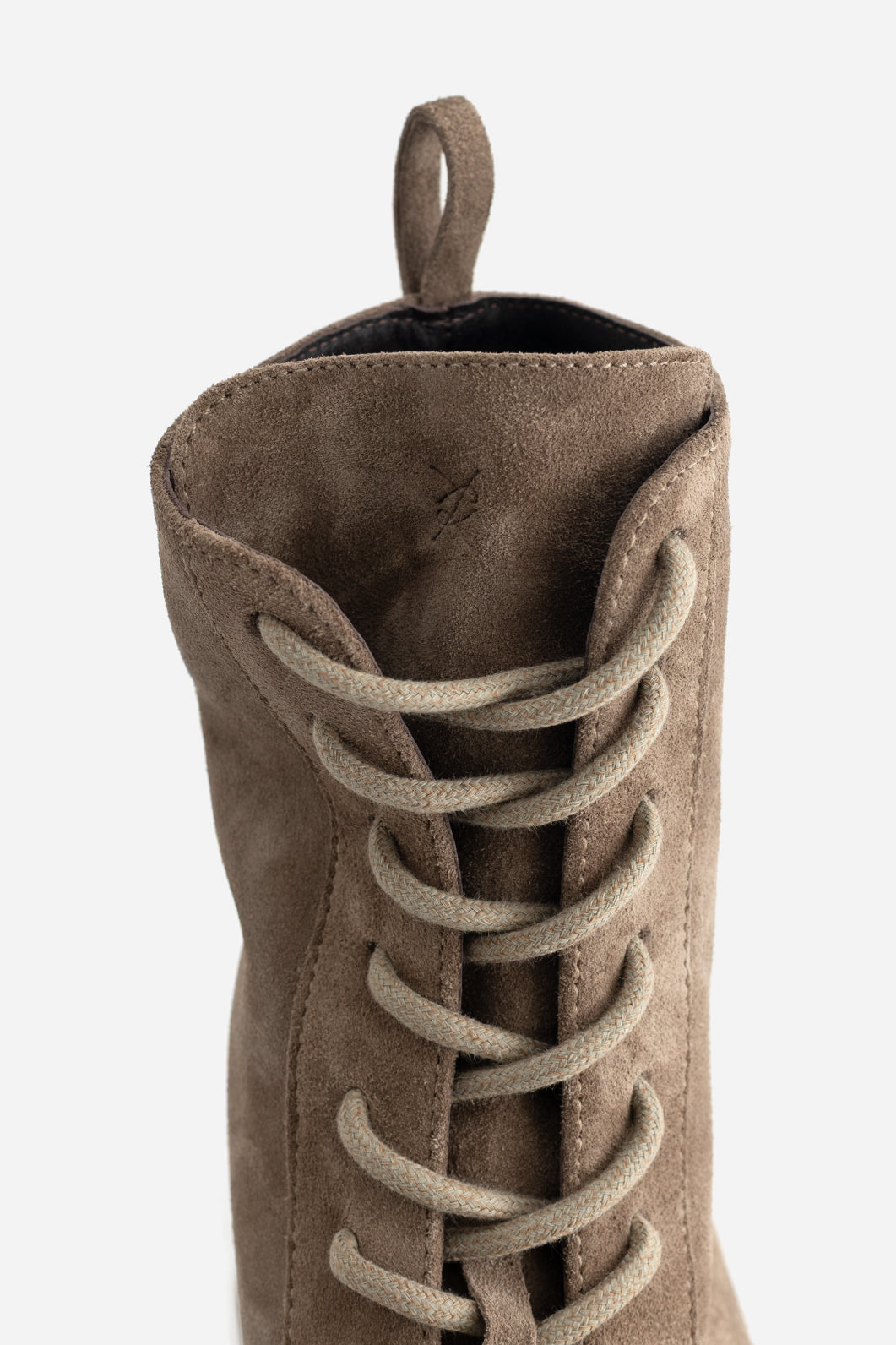 KACHOROVSKA RIRI taupe suede boots close up of laces and suede texture