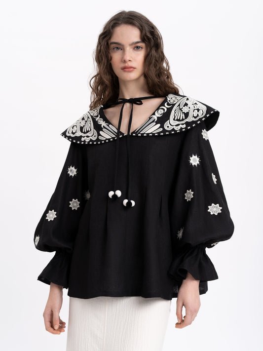 Linen embroidered blouse with a wide collar Lehit ETNODIM