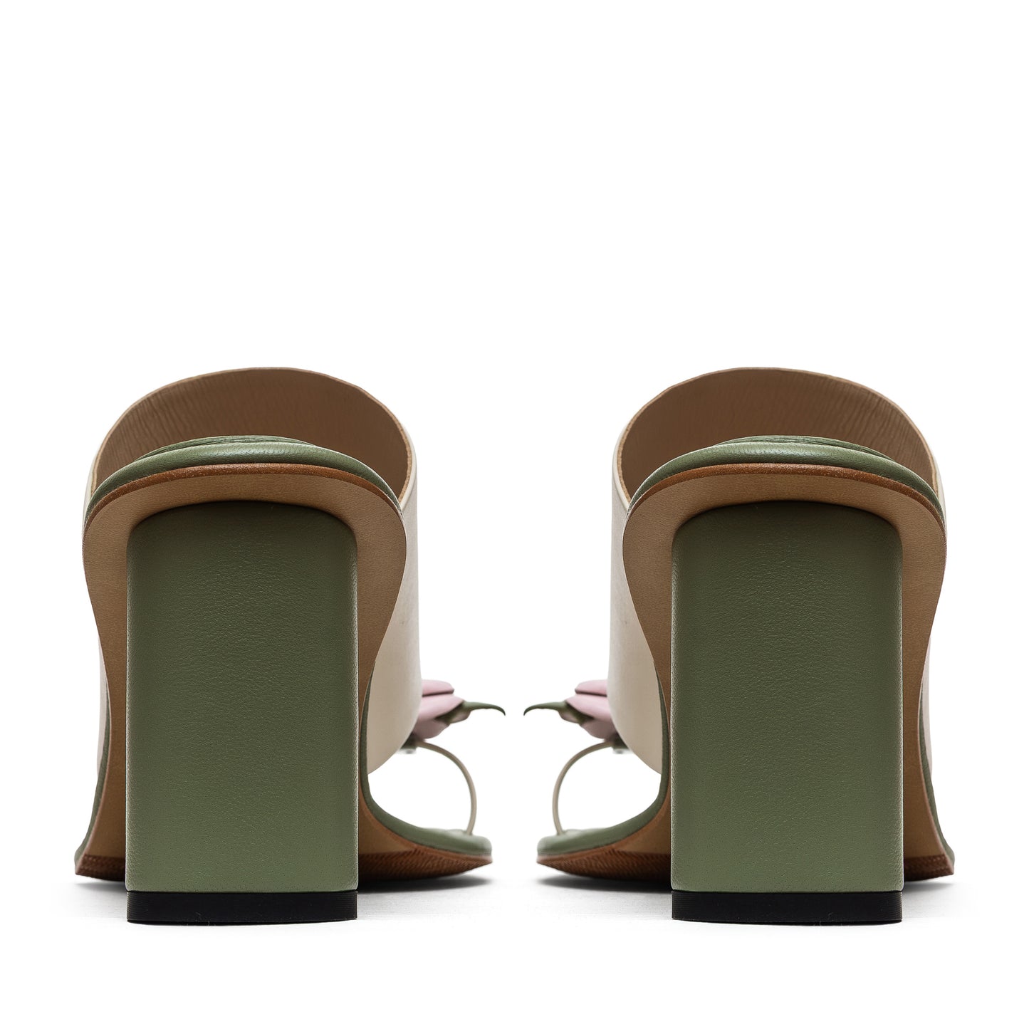 Siena milky-green leather sandals with removable flowers LOOKIE ATELIER