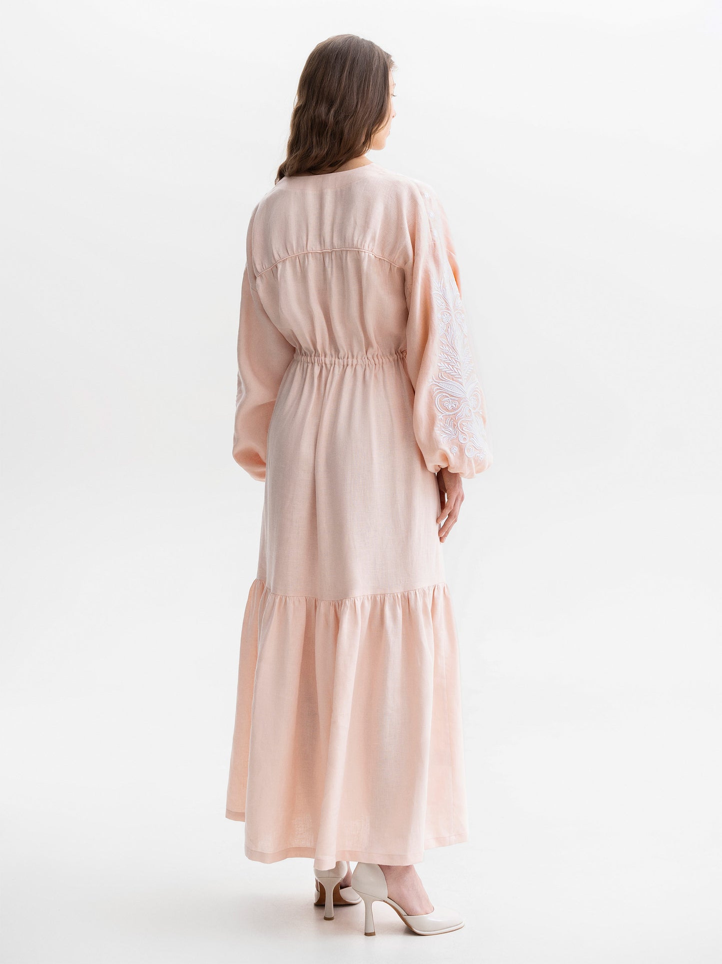 Peach embroidered midi dress with white embroidery Kamiana Vyshyvanka ETNODIM