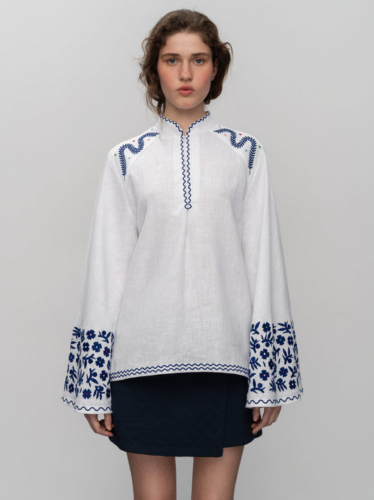 Linen blouse with wide sleeves and embroidery Teren Syniy ETNODIM