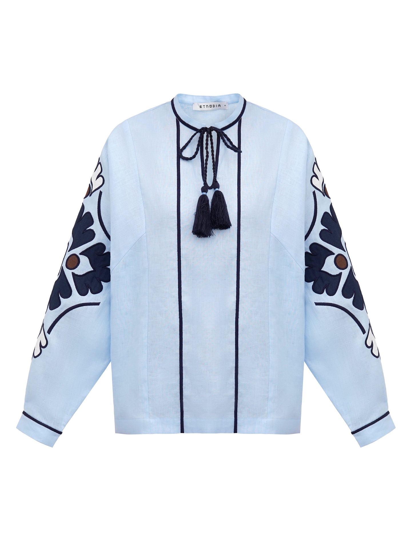 Embroidered shirt in blue linen Aqua ETNODIM
