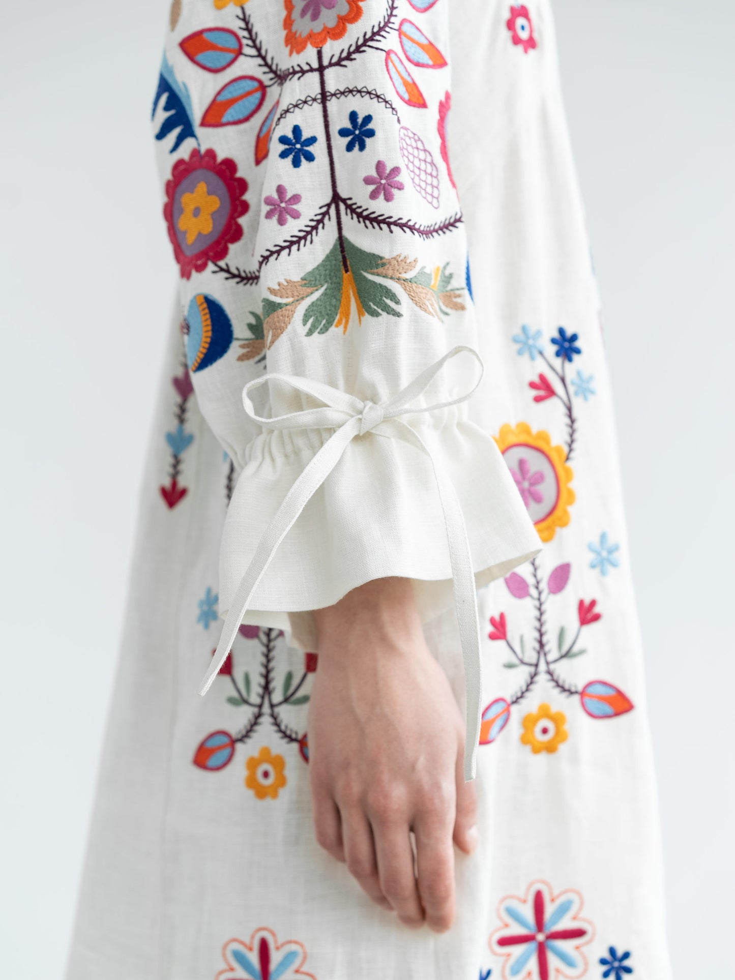 White linen dress with floral embroidery Sobachko ETNODIM