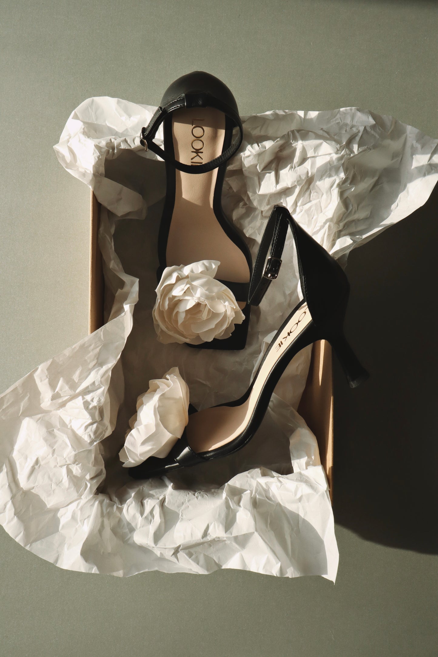 Wildrose black sandals with a removable satin rose LOOKIE ATELIER