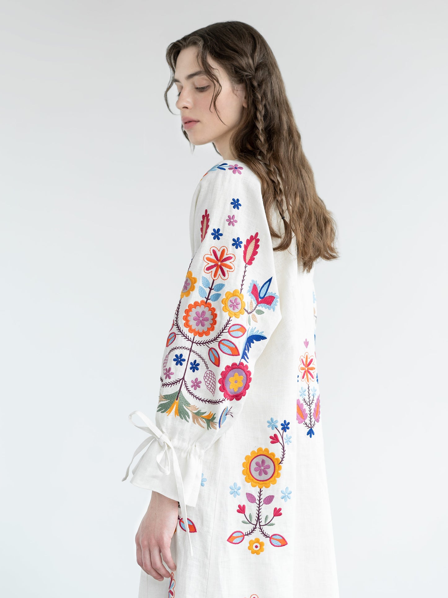 White linen dress with floral embroidery Sobachko ETNODIM