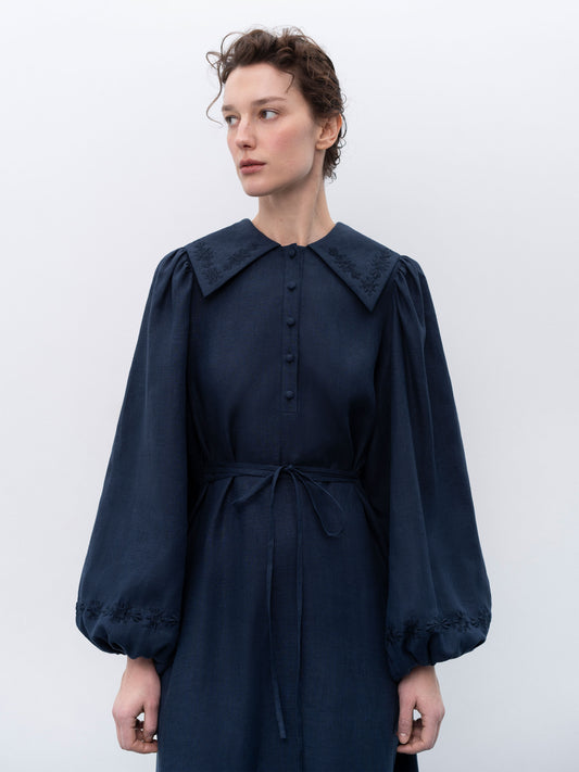Linen dress with embroidery Pervotsvit Blue ETNODIM