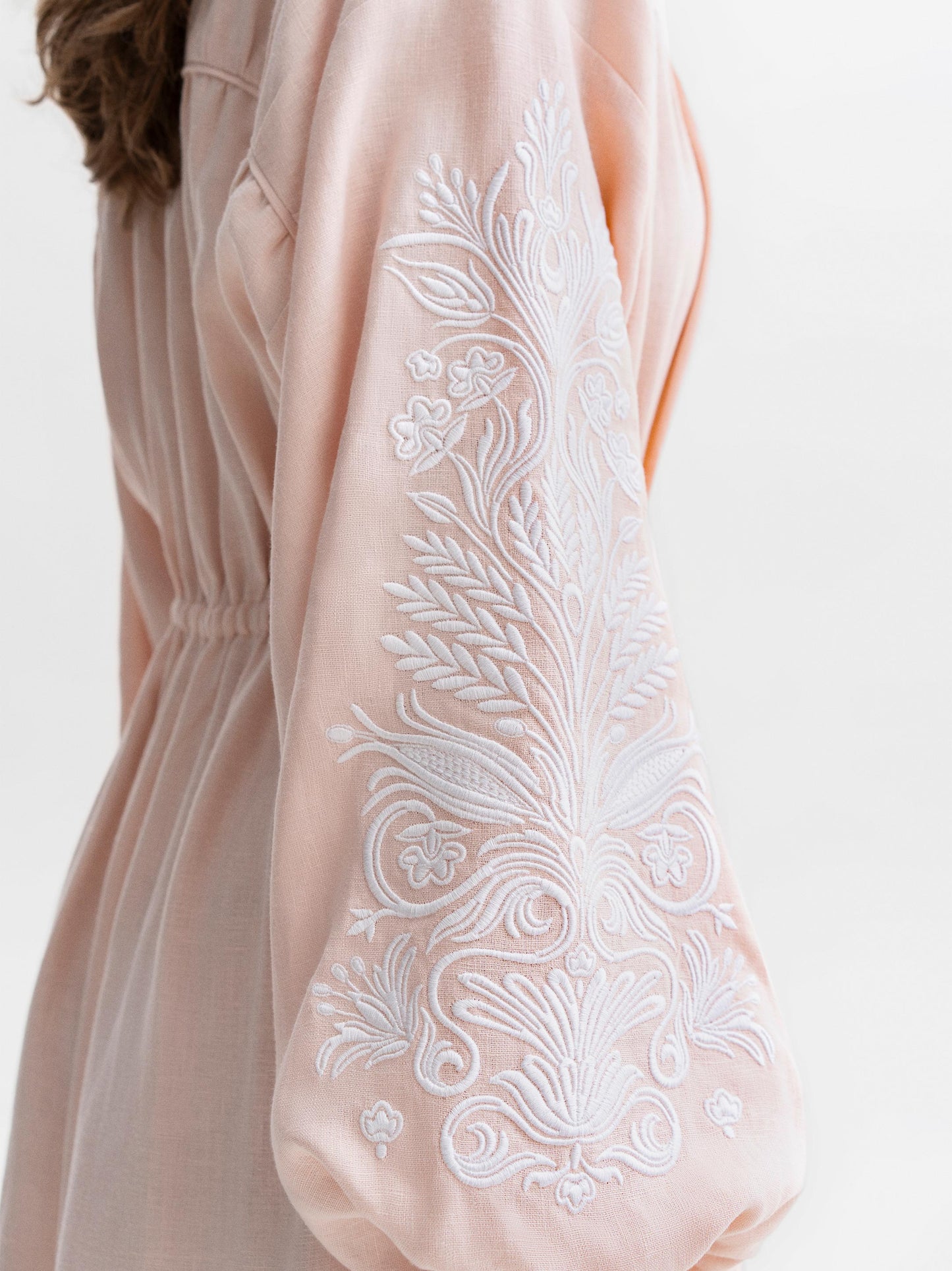 Peach embroidered midi dress with white embroidery Kamiana Vyshyvanka ETNODIM