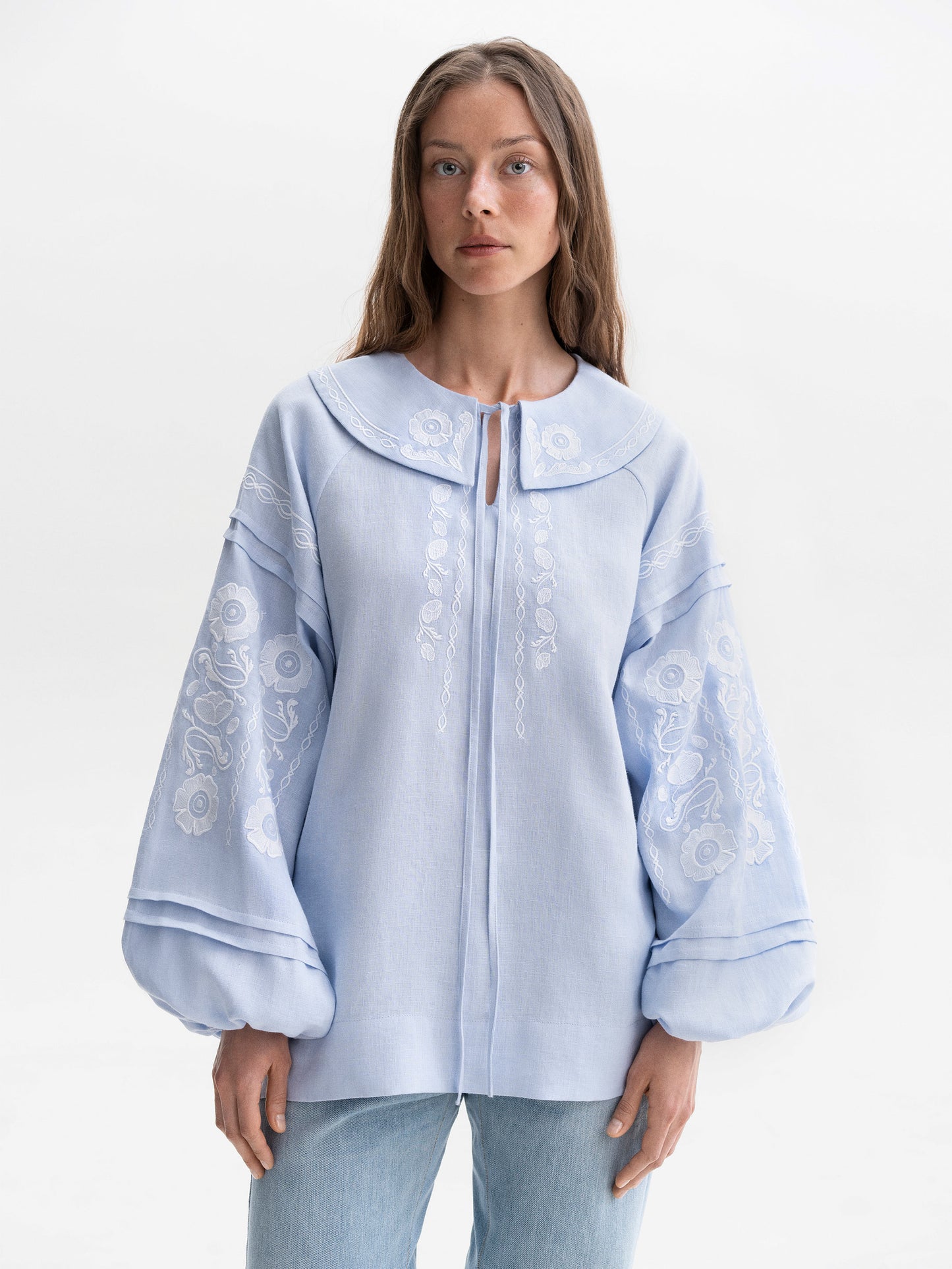 Soft blue shirt with white embroidery Dnipryana ETNODIM