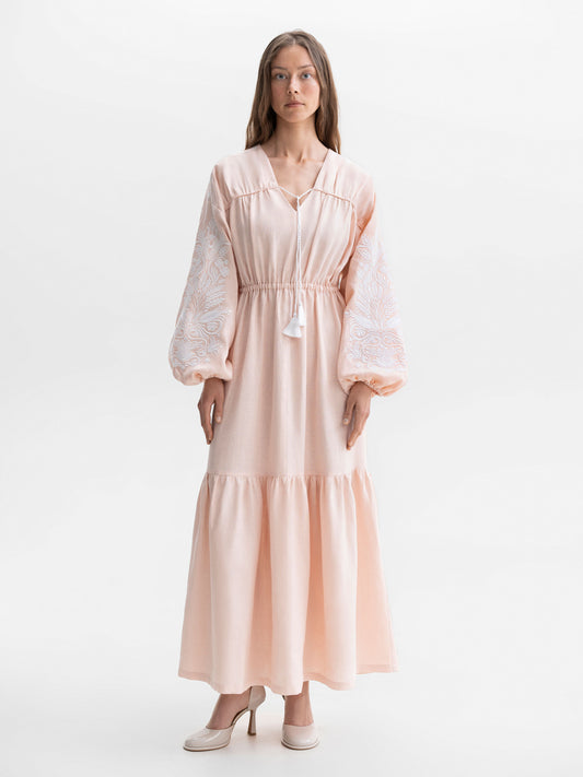 Peach embroidered midi dress with white embroidery Kamiana Vyshyvanka ETNODIM