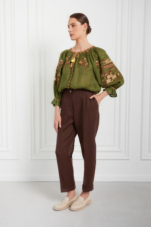 "Embroidery history" green blouse FOBERINI