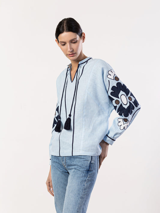 Embroidered shirt in blue linen Aqua ETNODIM