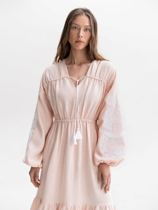 Peach embroidered midi dress with white embroidery Kamiana Vyshyvanka ETNODIM
