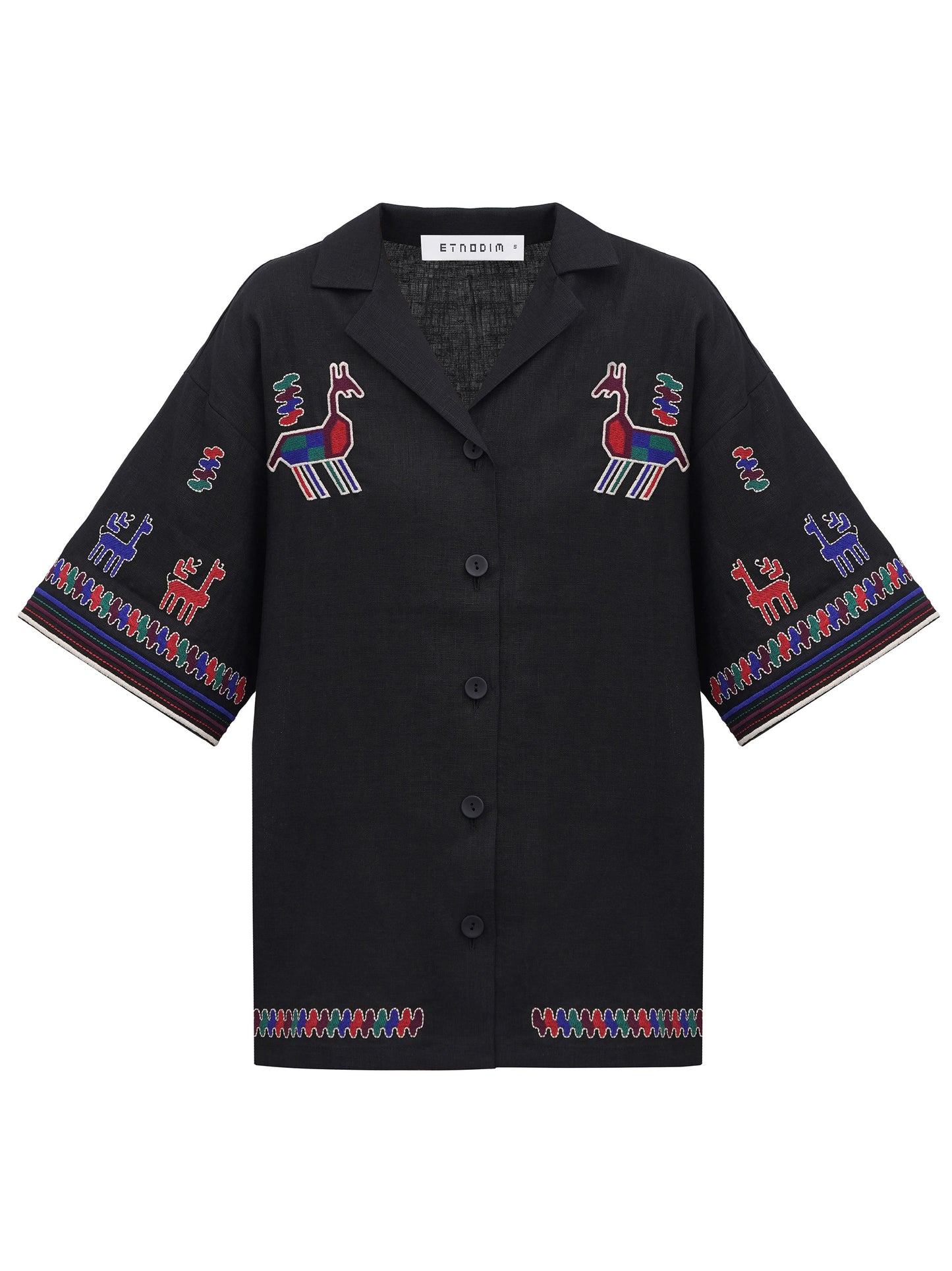 Linen shirt with short sleeves and embroidery Konyk dark ETNODIM