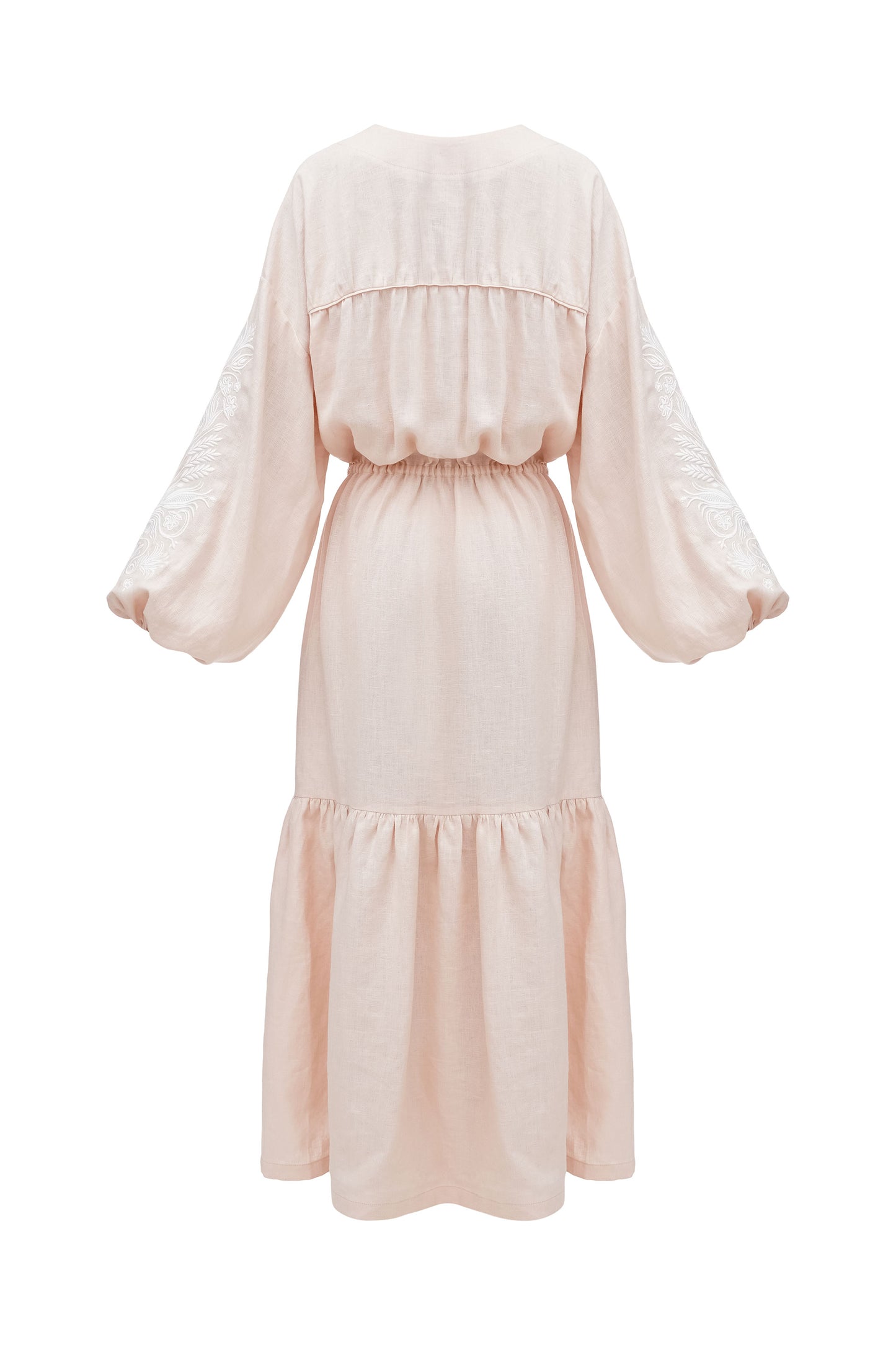 Peach embroidered midi dress with white embroidery Kamiana Vyshyvanka ETNODIM