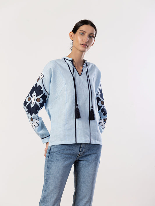 Embroidered shirt in blue linen Aqua ETNODIM