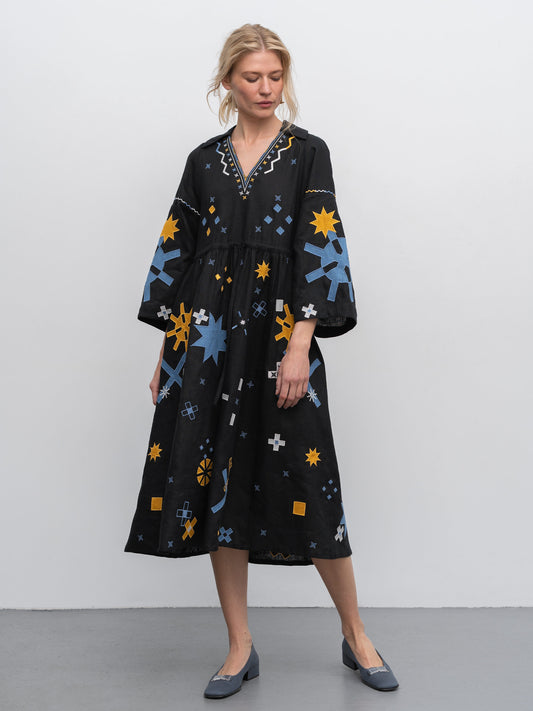 Linen dress with embroidery and applique Zori ETNODIM