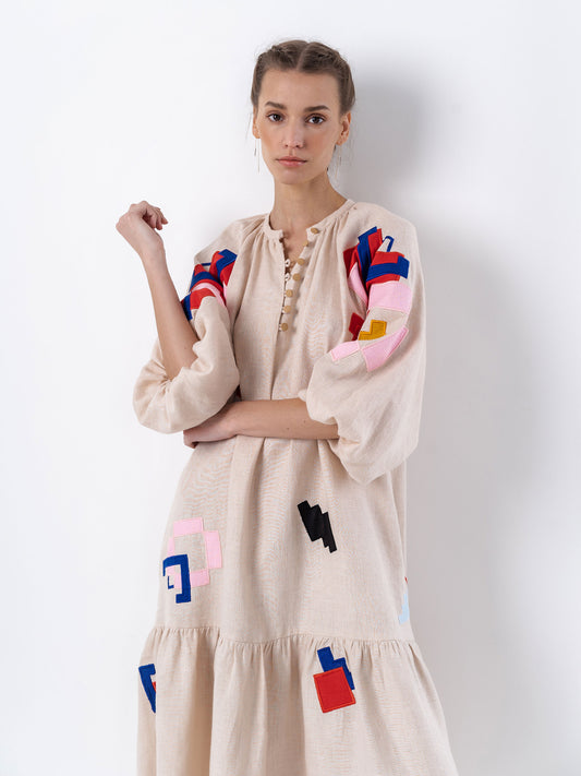 Light linen dress with applique Eva ETNODIM