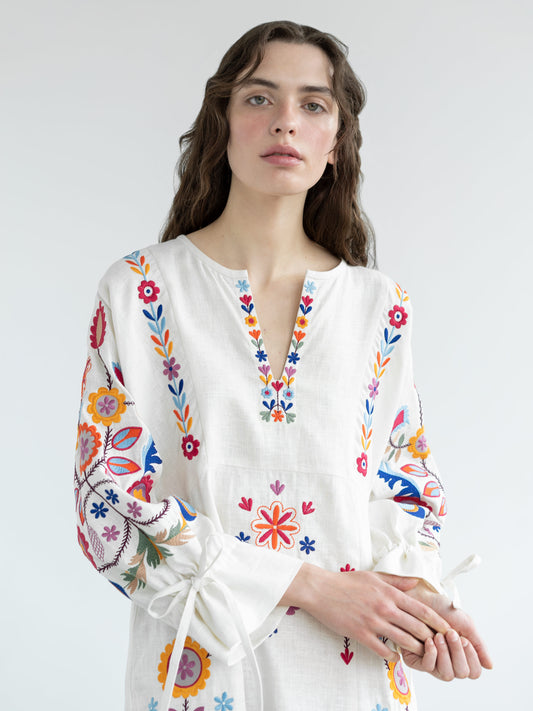 White linen dress with floral embroidery Sobachko ETNODIM