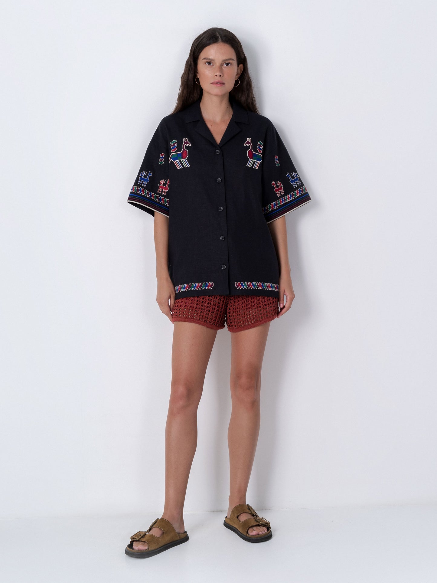 Linen shirt with short sleeves and embroidery Konyk dark ETNODIM