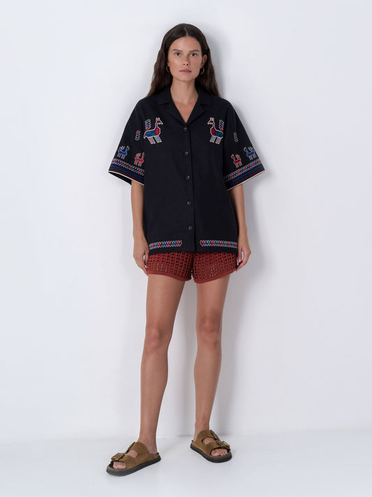 Linen shirt with short sleeves and embroidery Konyk dark ETNODIM