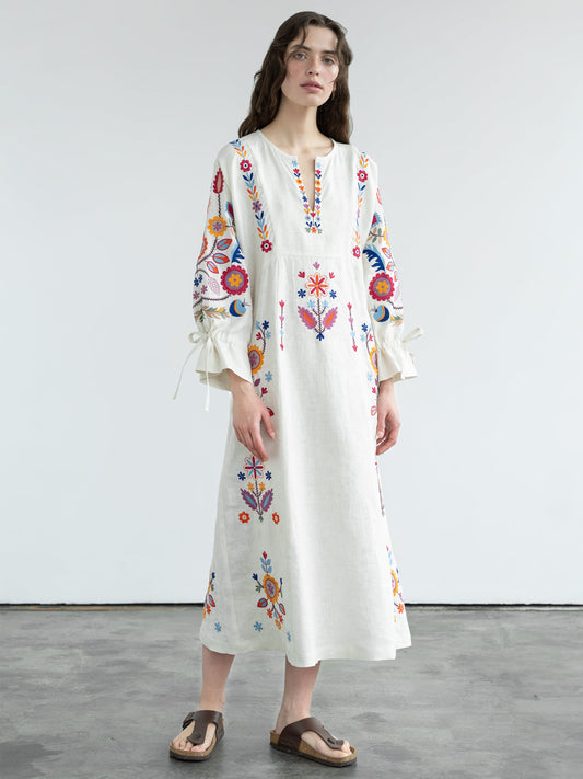 White linen dress with floral embroidery Sobachko ETNODIM