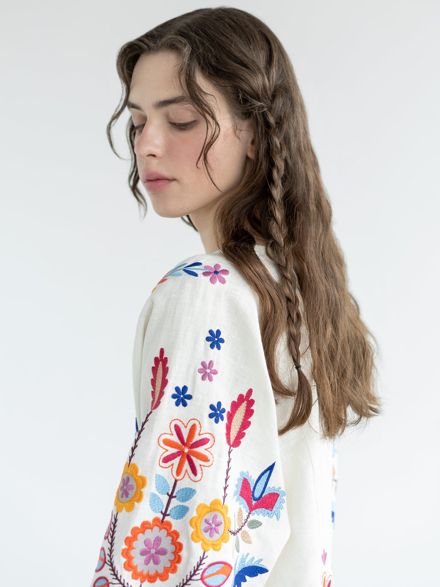 White linen dress with floral embroidery Sobachko ETNODIM