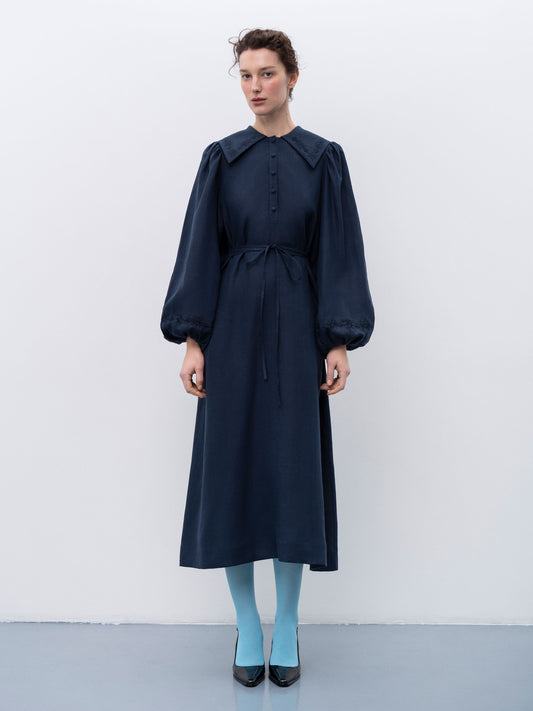 Linen dress with embroidery Pervotsvit Blue ETNODIM