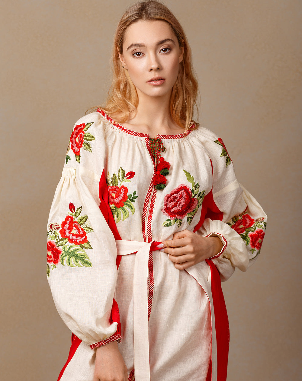 Flora Beige-Red Midi Dress FOBERINI