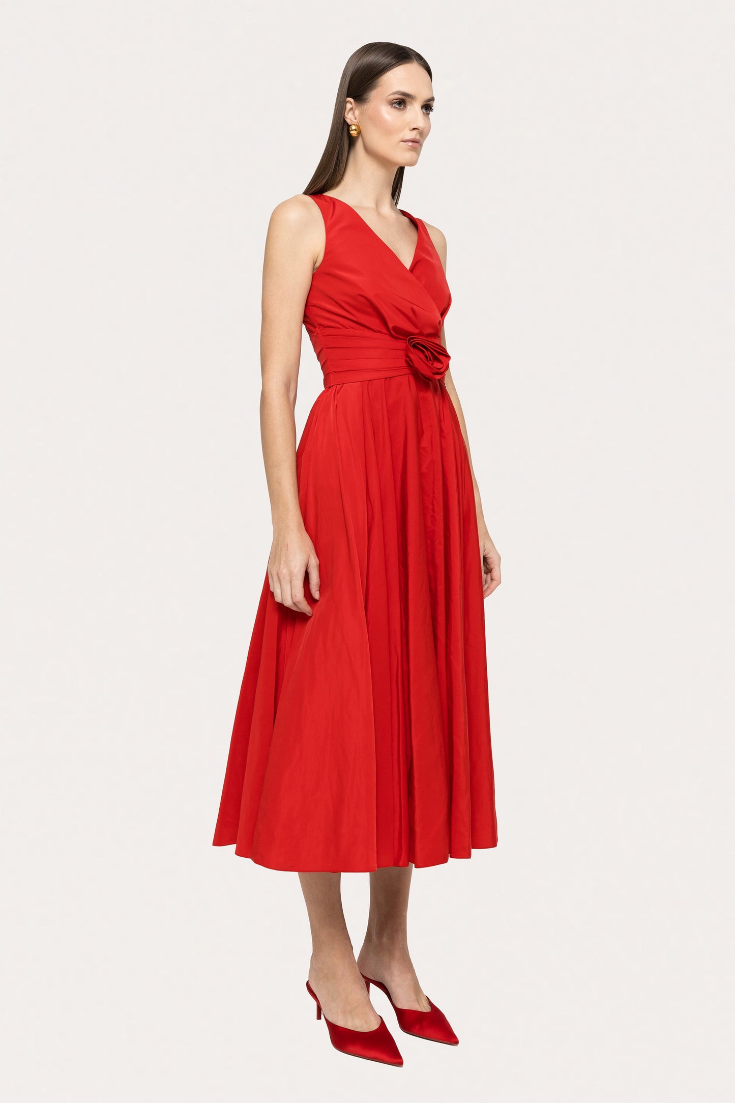 Floral-appliqué taffeta midi dress - RS15683 red NISSA