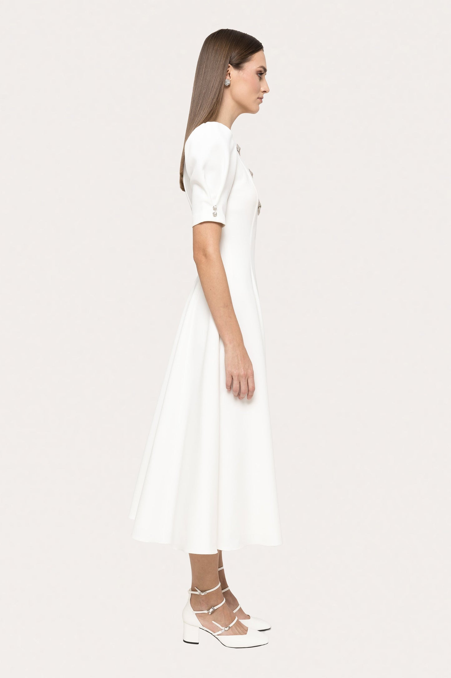 Crystal-bow crepe midi dress - RS15627 white NISSA