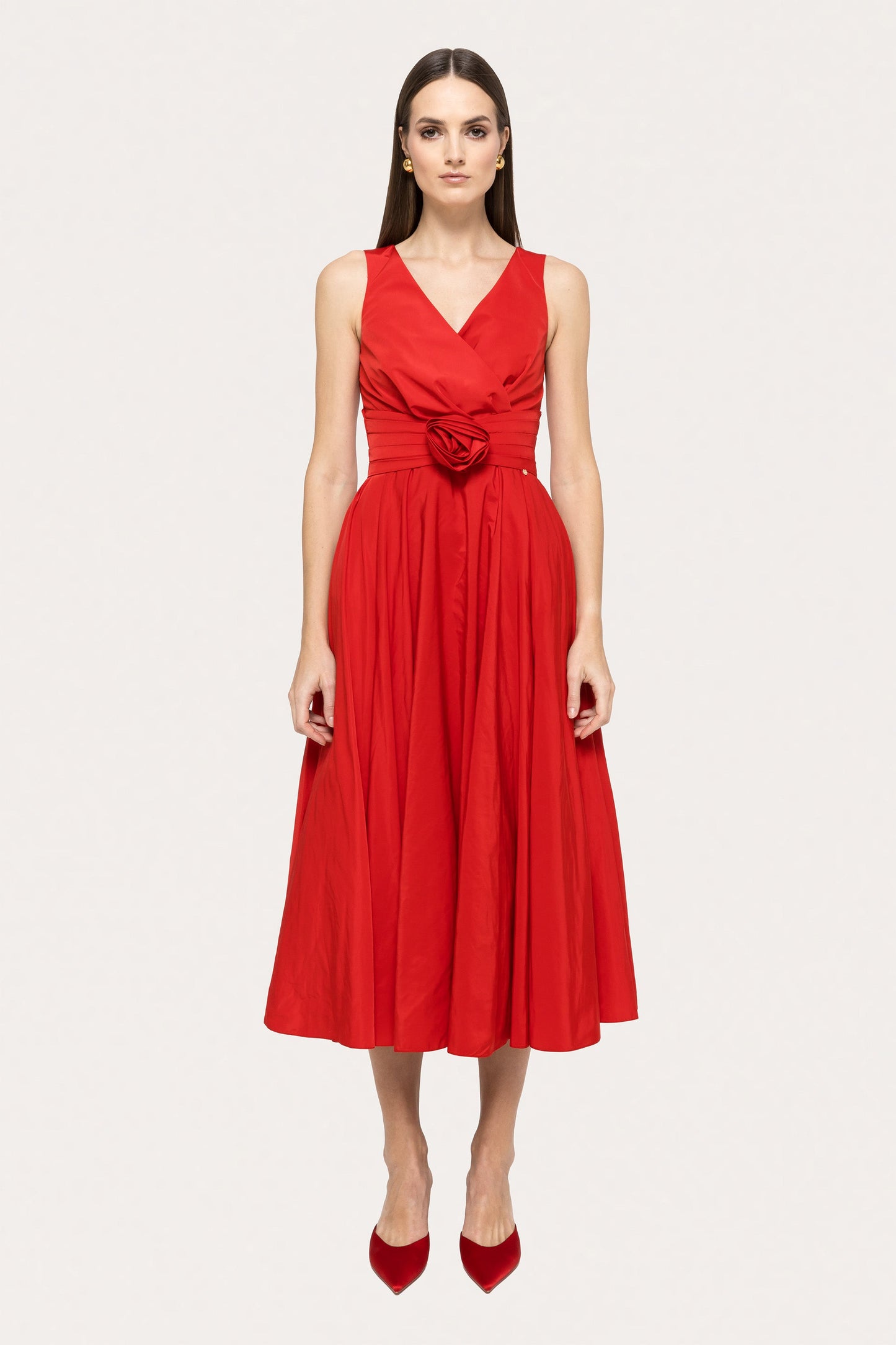 Floral-appliqué taffeta midi dress - RS15683 red NISSA