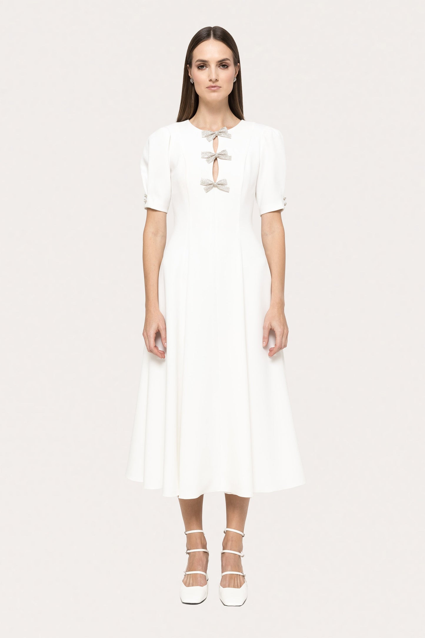 Crystal-bow crepe midi dress - RS15627 white NISSA