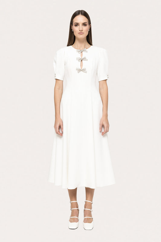 Crystal-bow crepe midi dress - RS15627 white NISSA
