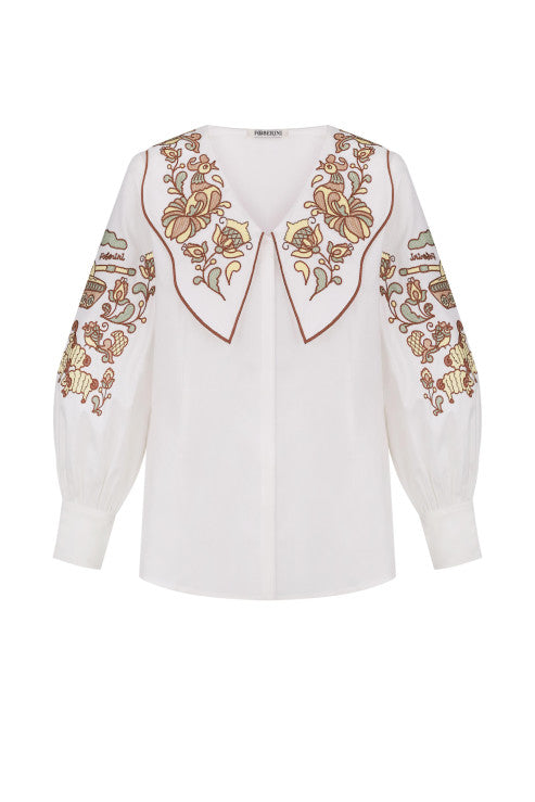 "Embroidery history" white blouse with colourful embroidery  FOBERINI