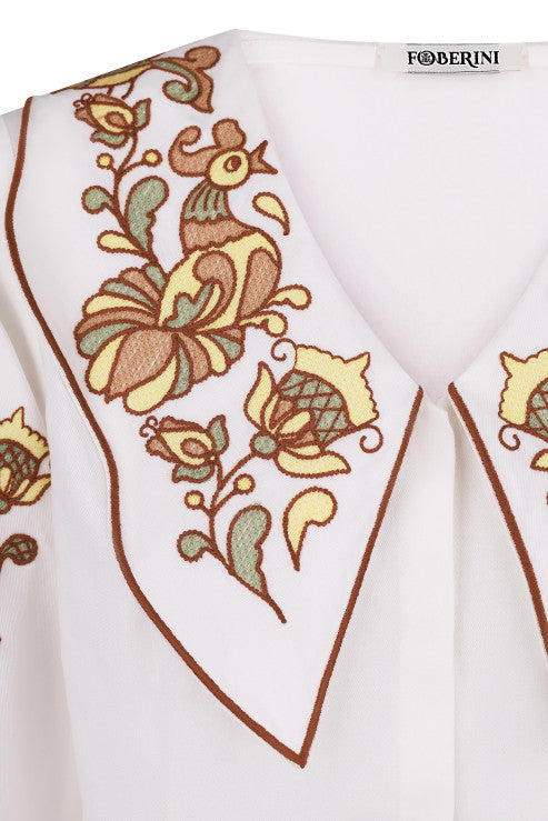 "Embroidery history" white blouse with colourful embroidery  FOBERINI